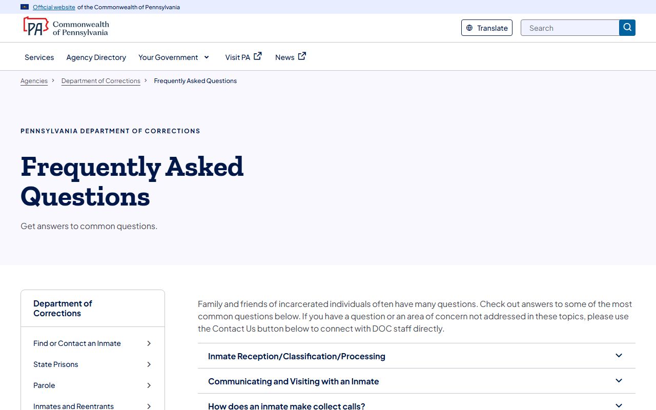 Pennsylvania DOC FAQ for classification and facility assignment context