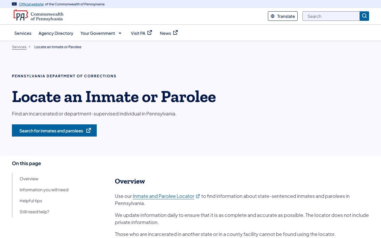 Pennsylvania DOC locator service for state inmate search