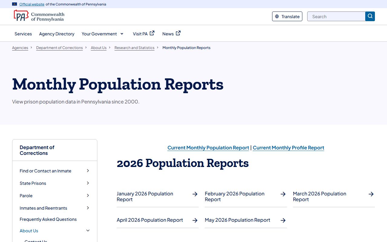 Pennsylvania DOC monthly population reports for inmate statistics