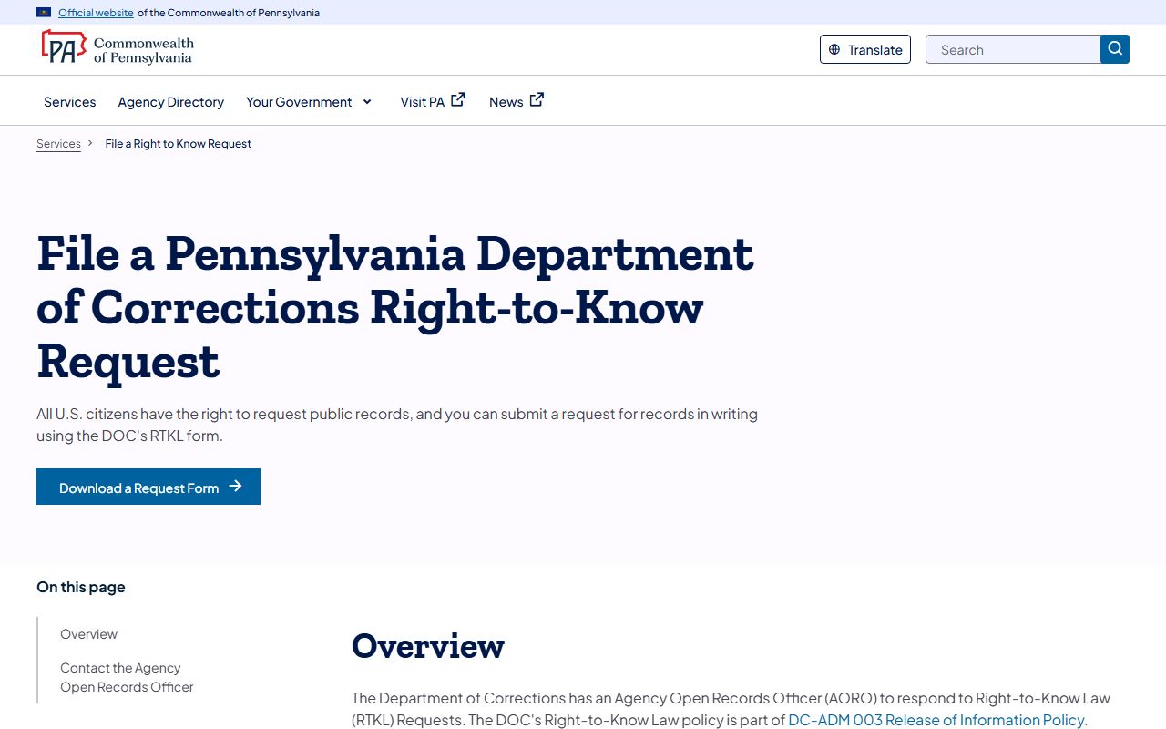Pennsylvania DOC Right-to-Know page for inmate records requests