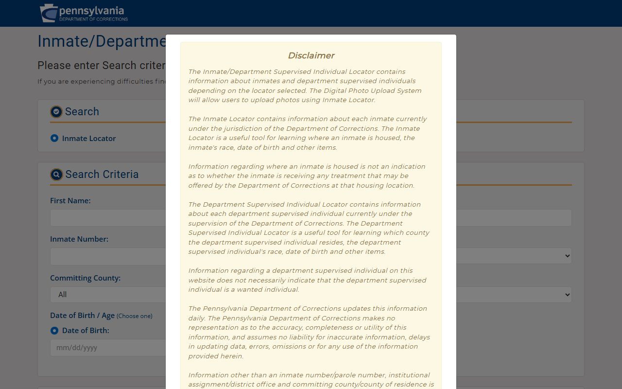 Pennsylvania inmate locator direct search screen